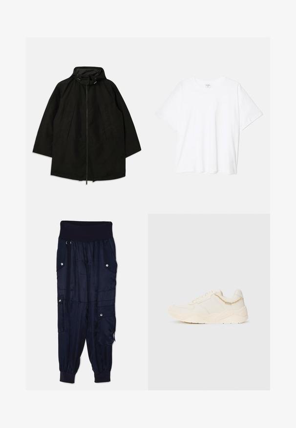 Juoda lengva striukė su užtrauktuku, kapišonu su raišteliais ir plačiu, laisvu kirpimu. Su raukšlėta priekiu ir lygia tekstūra.; Balta medvilnės marškinėliai trumpomis rankovėmis, apvalia iškirpte, laisvo kirpimo ir su siūtu kraštu. Etiketė matoma vidinėje iškirptės pusėje.; Cinq à Sept HARMONY PANT - Kareiviško stiliaus kelnės - navy; Kremo spalvos sportiniai batai su lygiu odiniu paviršiumi, tekstūruotais akcentais, siūlėmis ir masyviu guminio pado. Yra maža dekoratyvinė grandinėlė.