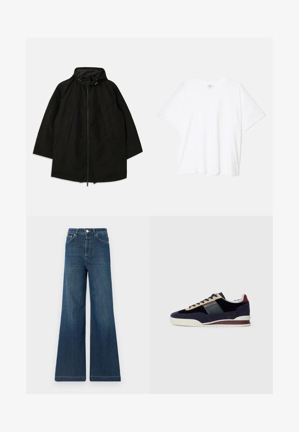 Svart lett jakke med glidelås, hette med snorer og bred, løs passform. Har plisseert frontdetaljering og en glatt tekstur.; Hvit bomulls t-skjorte med korte ermer, rund hals, avslappet passform og sydd kant. Merke synlig på innsiden av halsen.; Bredde jeans i mørkeblå denim med høyt liv, kobberdetaljer og subtil fading. Renslig kant uten ekstra mønstre.; Marineblå søm sko med beige og mørkeblå detaljer. Har en hvit gummisåle og gullmerke på siden. Klassisk atletisk design.