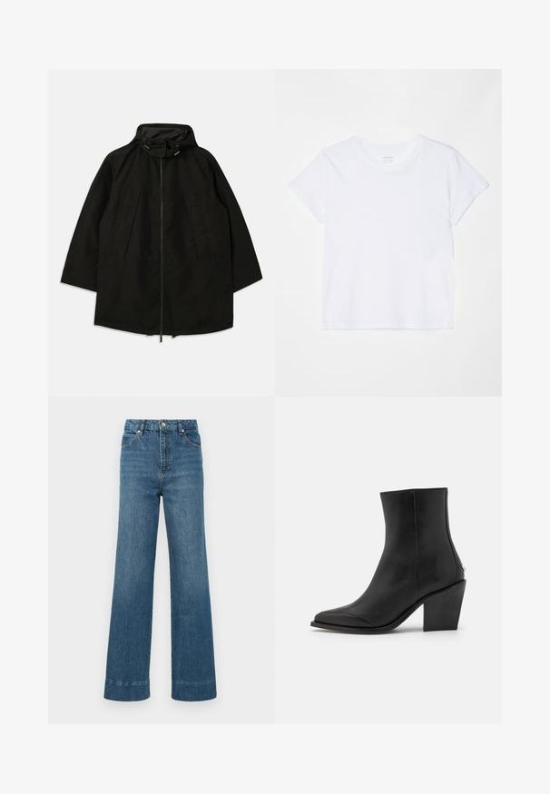 Jachetă ușoară neagră cu închidere cu fermoar, glugă cu șnururi și croială largă, lejeră. Prezintă detalii pliate în față și o textură netedă.; FRAME BABY TEE - Tricou basic - white; Jeans din denim albastru cu croi larg au talie înaltă, design cu cinci buzunare și tiv desfăcut. Țesătura are o textură netedă cu o ușoară decolorare.; Cizma neagră din piele până la gleznă, cu vârf ascuțit, toc pătrat și detalii laterale subtile. Textură netedă cu un design minimalist.