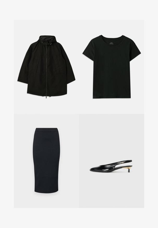 Čierna ľahká bunda so zipsom, kapucňou so sťahovacími šnúrkami a širokým, voľným strihom. Obsahuje pletené predné detaily a hladkú textúru.; Čierne tričko s krátkym rukávom vyrobené z bavlny. Má klasický okrúhly výstrih a vytlačený nápis "Armani Exchange" pozdĺž ramena. Jednoduchý dizajn.; Armani Exchange GONNA - Puzdrová sukňa - black; Čierne slingback lodičky s ostrou špicou, lesklým koženým povrchom a malým podpätkom s zlatým doplnkom. Elegantný dizajn s otvorenou zadnou časťou.