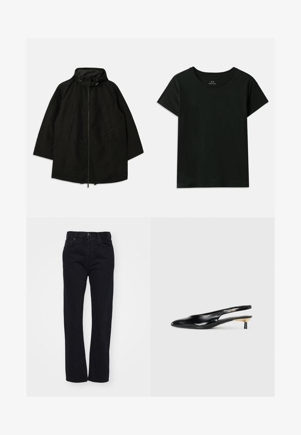 Casaco leve preto com fecho de zipper, capuz com cordões e corte largo e solto. Apresenta detalhes frontais pregueados e uma textura suave.; T-shirt preto de manga curta, feito de algodão. Apresenta um decote redondo e texto em relevo "Armani Exchange" ao longo do ombro. Design simples.; Jeans de denim preto com corte reto, apresentando um design clássico de cinco bolsos e fecho frontal com botão. Tecido limpo e texturizado.; Sapatilha preta estilo slingback com bico fino, acabamento em couro brilhante e um pequeno salto com um detalhe dourado. Design elegante com parte de trás aberta.