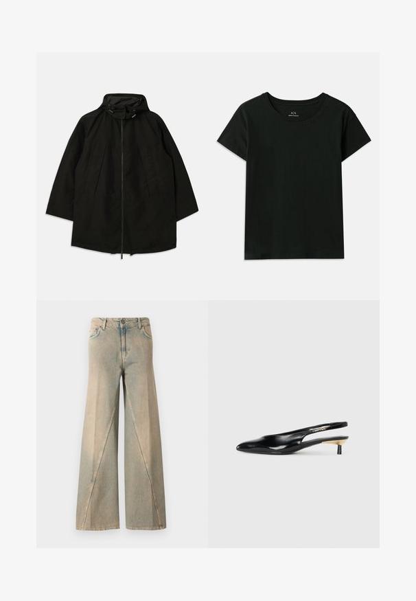 Crna lagana jakna s patentnim zatvaračem, kapuljačom s utezima i širokim, opuštenim krojem. Sadrži nabore na prednjem dijelu i glatku teksturu.; Crna majica kratkih rukava od pamuka. Ima okrugli izrez i reljefni natpis "Armani Exchange" duž ramena. Jednostavan dizajn.; Svijetloplave široke traperice izrađene od denima. Imaju visok struk, prednje džepove i karakterističan uzorak šavova duž nogu.; Crna slingback štikla s oštrim vrhom, sjajnom kožnom završnom obradom i malom petom s zlatnim naglaskom. Elegantan dizajn s otvorenom stražnjom stranom.