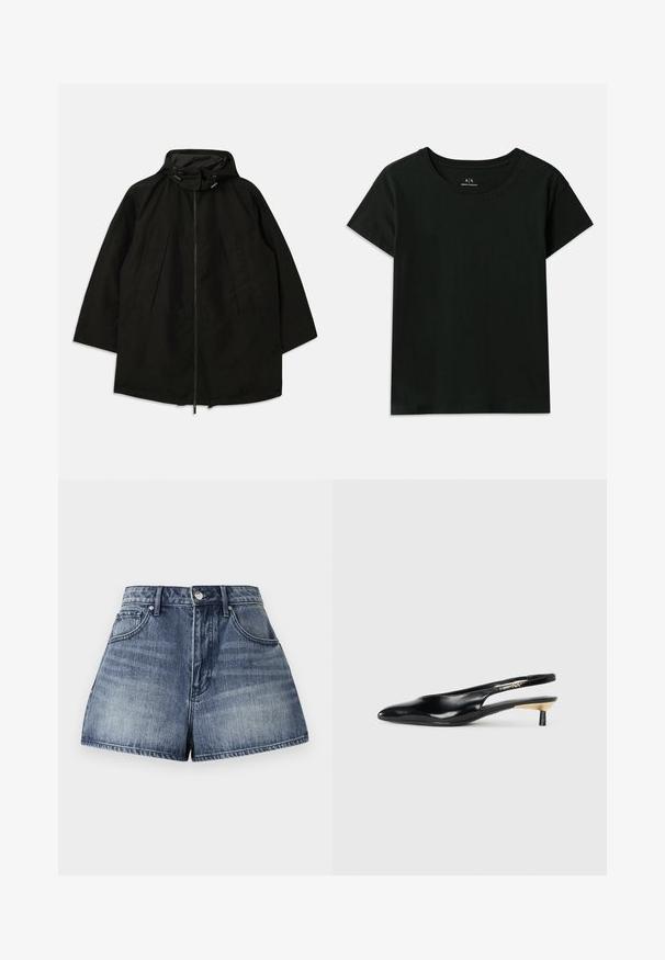 Črna lahka jakna z zadrgo, kapuco s vrvicami in širokim, ohlapnim krojem. Ima gubano sprednje detajliranje in gladko teksturo.; Črna kratka majica s kratkimi rokavi, narejena iz bombaža. Ima okroglo izrez in embosirano besedilo "Armani Exchange" ob rami. Preprost dizajn.; Hlače s visokim pasom iz jeansa izdelane iz modro opranega blaga. Imajo pet žepov, sprednjo zaponko in rahlo uničen videz.; Črne slingback pumpe z ozkim nosom, sijočim usnjem in majhno peto z zlatim akcentom. Elegantna zasnova z odprtim zadnjim delom.