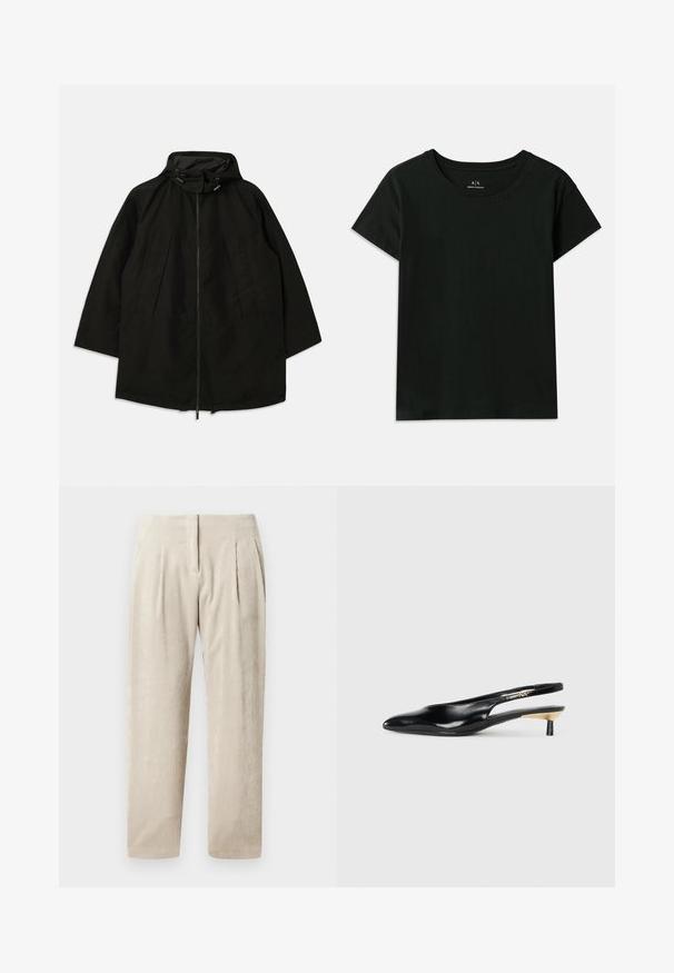 Melnā vieglā jakā ar rāvējslēdzēju, kapuci ar pievilkšanas auklām un plašu, brīvu piegriezumu. Iezīmes - izšūti priekša detaļas un gluda tekstūra.; Melnā īsās piedurknes T-kreklā, kas izgatavots no kokvilnas. Piedāvā apaļu kakla izgriezumu un augšējiem pleciem iepresētu "Armani Exchange" tekstu. Vienkāršs dizains.; Beidzīgas korduroja bikses ar vertikālām ribām, ar divām priekšējām krokām, pielāgotu piegriezumu un taisna kāju dizainu.; Melnas slingback pump kurpes ar smailu purngalu, spīdīgu ādas apdari un mazu papēdi ar zelta akcentu. Elegants dizains ar atvērtu aizmuguri.