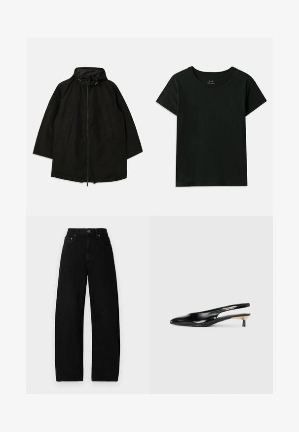 Jachetă ușoară neagră cu închidere cu fermoar, glugă cu șnururi și croială largă, lejeră. Prezintă detalii pliate în față și o textură netedă.; Tricou scurt negru din bumbac. Prezintă un guler tip crew neck și textul embosat "Armani Exchange" pe umăr. Design simplu.; Jeans negri din denim cu croi larg, cu talie înaltă, având închidere cu nasture în față, buzunare și o textură netedă, mată.; Pantof cu toc slingback negru, cu vârful ascuțit, finisaj din piele lucioasă și un toc mic cu un accent auriu. Design elegant cu spatele deschis.