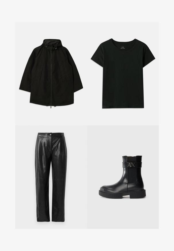 Čierna ľahká bunda so zipsom, kapucňou so sťahovacími šnúrkami a širokým, voľným strihom. Obsahuje pletené predné detaily a hladkú textúru.; Čierne tričko s krátkym rukávom vyrobené z bavlny. Má klasický okrúhly výstrih a vytlačený nápis "Armani Exchange" pozdĺž ramena. Jednoduchý dizajn.; Čierne nohavice z umelej kože s textúrovaným povrchom, širokým strihom, prednými skladmi a jedným gombíkom na zapínanie v páse.; Čierne členkové topánky vyrobené z lesklej kože s elastickými bočnými panelmi. Majú masívnu ryhovanú podrážku a popruh s logom "AIX".