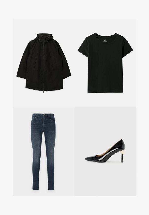 Crna lagana jakna s patentnim zatvaračem, kapuljačom s utezima i širokim, opuštenim krojem. Sadrži nabore na prednjem dijelu i glatku teksturu.; Crna majica kratkih rukava od pamuka. Ima okrugli izrez i reljefni natpis "Armani Exchange" duž ramena. Jednostavan dizajn.; Mršave traperice u tamnoplavoj boji, s pet džepova, blagim izblijeđenjem i gumbom za zatvaranje na struku.; Crne lakirane kožne cipele na visokom potpeticu s šiljastim prstom i isjecanjem; sadrže elegantan zlatni naglasak na potpetici. Jednostavno i elegantno.