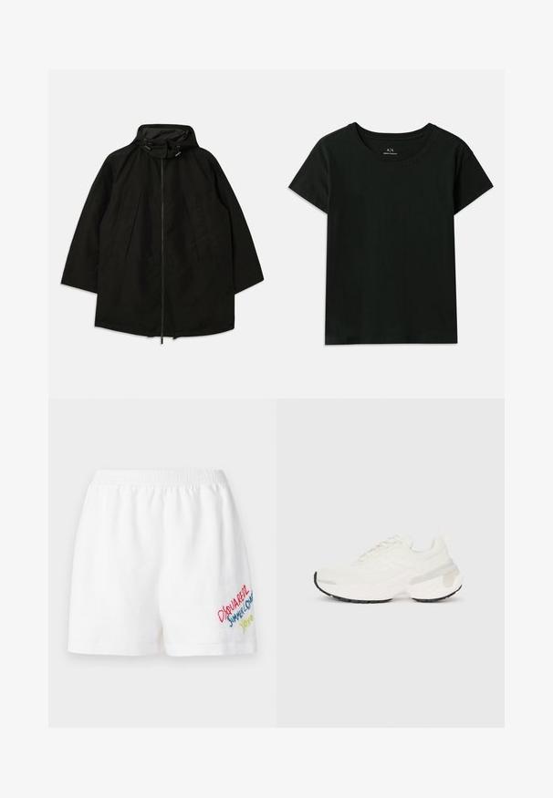 Juoda lengva striukė su užtrauktuku, kapišonu su raišteliais ir plačiu, laisvu kirpimu. Su raukšlėta priekiu ir lygia tekstūra.; Juodas trumpomis rankovėmis T-marškiniai, pagaminti iš medvilnės. Su apvaliu kaklu ir iškilniu „Armani Exchange“ tekstu palei petį. Paprastas dizainas.; Dsquared2 BAGGY - Šortai - white; Balti sportiniai bateliai su tekstūruota viršutine dalimi, raištelių uždarymu ir masyviu padu, turinčiu juodą gumos išorinę dalį ir permatomus akcentus.