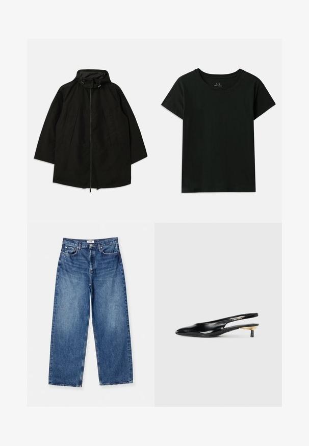 Must must jacket, mille pehmendava lahtine, kapuutsiga ja nööridega. Omab volditud esiosa ja sujuvat tekstuuri.; Must have lühikeste varrukatega must T-särk, mis on valmistatud puuvillast. Omab ümarat kaelaauku ja sissepressitud "Armani Exchange" teksti õlavarre pikkuses. Lihtne disain.; Heledad sinine laiad teksad, mis on valmistatud denimist, sisaldavad klassikalist viit taskut, nähtavat õmblust ja keskmise kõrgusega vööd.; Mustad seljatoega mustad kontsakingad, millel on terav nina, läikiv nahkviimistlus ja väike kand kuldse detailiga. Sujuv disain avatud seljaprofiiliga.