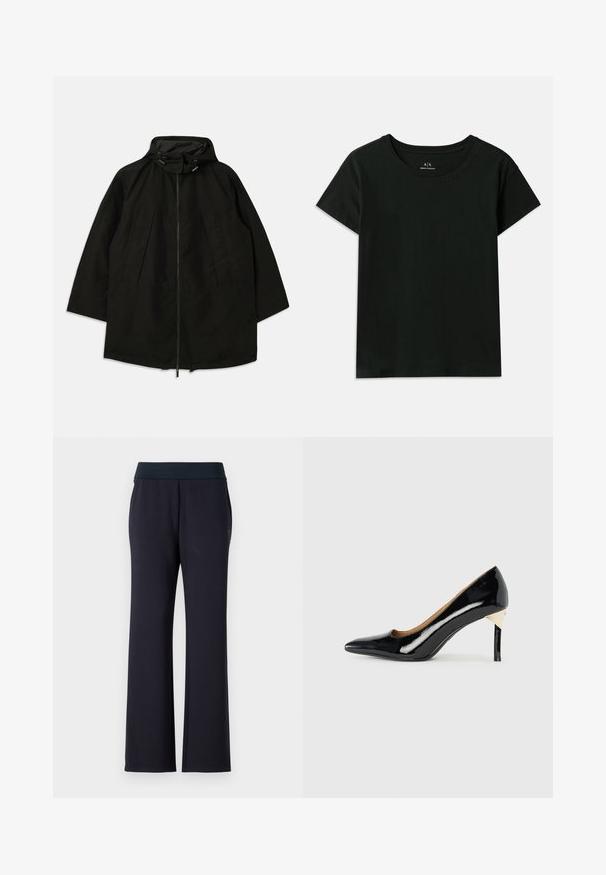 Juoda lengva striukė su užtrauktuku, kapišonu su raišteliais ir plačiu, laisvu kirpimu. Su raukšlėta priekiu ir lygia tekstūra.; Juodas trumpomis rankovėmis T-marškiniai, pagaminti iš medvilnės. Su apvaliu kaklu ir iškilniu „Armani Exchange“ tekstu palei petį. Paprastas dizainas.; Juodi laisvi kelnės su plačiu juosmeniu. Pagamintos iš minkštos medžiagos, turi dvi šonines kišenes ir sklandžią tekstūrą. Nėra matomų raštų.; Juodas lakinės odos aukštakulnis batelis su smailiu noseliu ir išpjovų dizainu; turi elegantišką auksinį akcentą ant kulno. Paprastas ir elegantiškas.