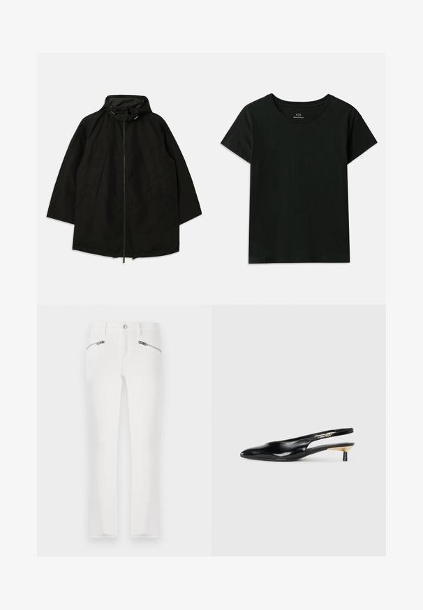 Juoda lengva striukė su užtrauktuku, kapišonu su raišteliais ir plačiu, laisvu kirpimu. Su raukšlėta priekiu ir lygia tekstūra.; Juodas trumpomis rankovėmis T-marškiniai, pagaminti iš medvilnės. Su apvaliu kaklu ir iškilniu „Armani Exchange“ tekstu palei petį. Paprastas dizainas.; Balti džinsai su siauru kirpimu, turintys dvi užtrauktukais uždaromas kišenes priekyje, standartinį juosmenį ir šiek tiek ištrintas apykakles. Pagaminti iš džinsinio audinio.; Juodos slingback aukštakulniai su pailgu pirštu, blizgi odinė apdaila ir mažas kulnas su auksiniu akcentu. Išmanus dizainas su atviru nugara.