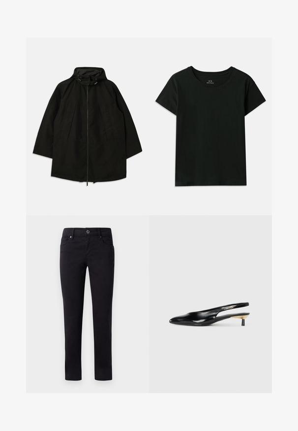 Casaco leve preto com fecho de zipper, capuz com cordões e corte largo e solto. Apresenta detalhes frontais pregueados e uma textura suave.; T-shirt preto de manga curta, feito de algodão. Apresenta um decote redondo e texto em relevo "Armani Exchange" ao longo do ombro. Design simples.; Calças de algodão pretas com um corte reto, apresentando bolsos à frente e um fecho de botão na cintura. Textura suave e sem padrões.; Sapatilha preta estilo slingback com bico fino, acabamento em couro brilhante e um pequeno salto com um detalhe dourado. Design elegante com parte de trás aberta.