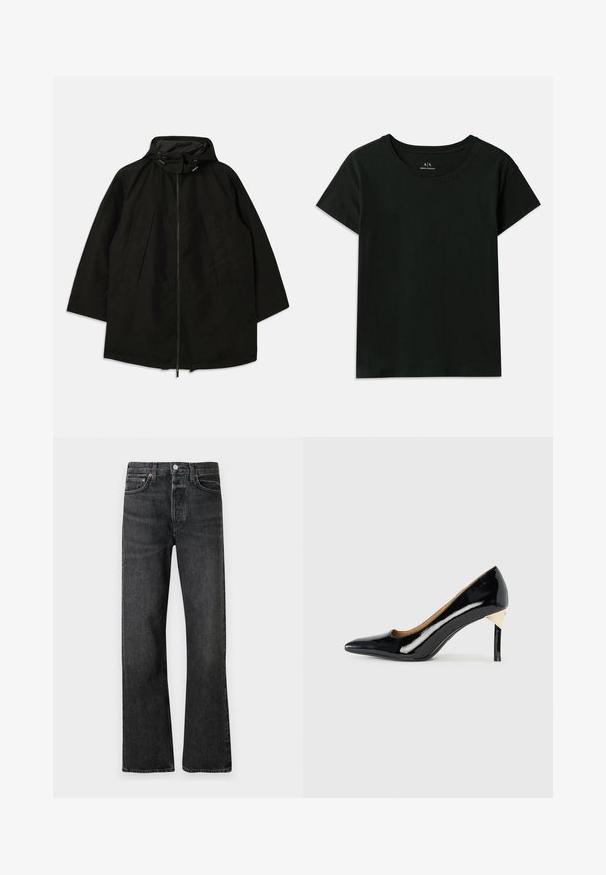 Zwarte lichtgewicht jas met een ritsluiting, kap met trekkoorden en een brede, losse pasvorm. Heeft geplooide frontdetails en een gladde textuur.; Zwarte T-shirt met korte mouwen van katoen. Heeft een ronde hals en het reliëf "Armani Exchange"-logo langs de schouder. Eenvoudig ontwerp.; Zwarte denimjeans met een rechte pijp, voorzien van koperen accenten, een klassiek vijf-pocket ontwerp en een licht vervaagde textuur.; Zwarte lakleren hoge hak met een puntige neus en uitsnijdingen; voorzien van een stijlvolle gouden accent op de hak. Eenvoudig en elegant.