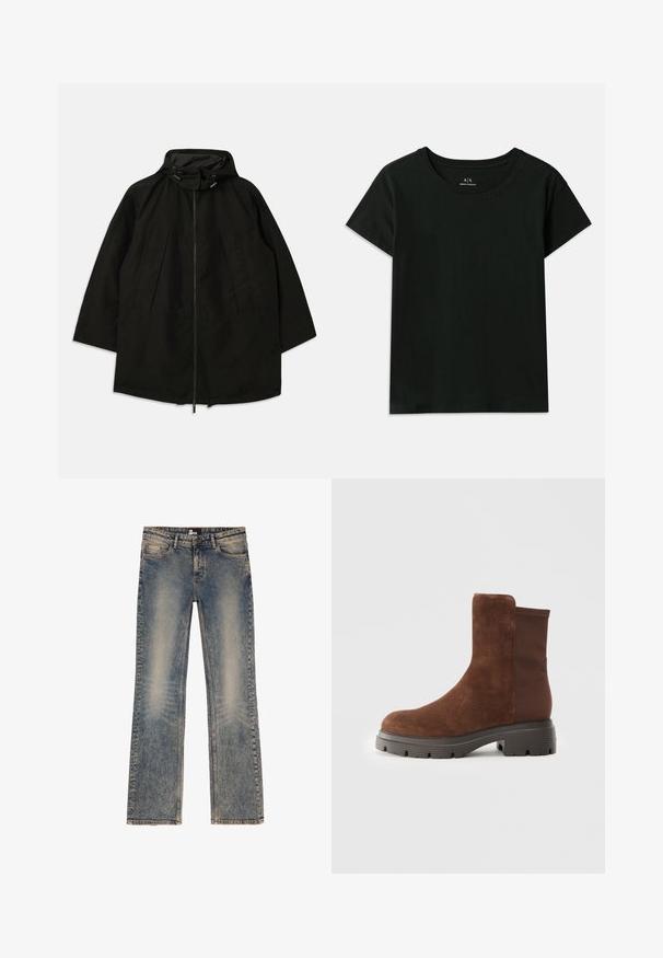 Casaco leve preto com fecho de zipper, capuz com cordões e corte largo e solto. Apresenta detalhes frontais pregueados e uma textura suave.; T-shirt preto de manga curta, feito de algodão. Apresenta um decote redondo e texto em relevo "Armani Exchange" ao longo do ombro. Design simples.; Jeans de denim azul claro com um acabamento desbotado, cinco bolsos e um design de perna reta. Barra costurada e pequenos detalhes de desbotamento.; Bota ankle em camurça castanha com painéis laterais elásticos, bico arredondado e sola em borracha espessa com um padrão de ranhura texturizado.