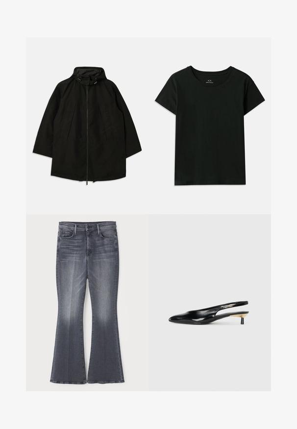 Chaqueta ligera negra con cierre de cremallera, capucha con cordones y un ajuste amplio y suelto. Cuenta con detalle en la parte delantera con pliegues y una textura suave.; Camiseta negra de manga corta hecha de algodón. Presenta un cuello redondo y texto en relieve "Armani Exchange" a lo largo del hombro. Diseño simple.; Jeans de mezclilla de corte acampanado en gris oscuro con una cintura de altura media, que cuentan con un clásico diseño de cinco bolsillos y un ligero desgaste en la parte frontal.; Zapato de tacón tipo slingback negro con punta afilada, acabado en cuero brillante y un pequeño tacón con un acento dorado. Diseño elegante con parte trasera abierta.