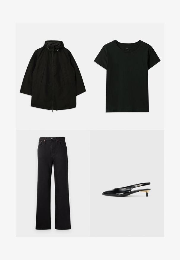 Svart lett jakke med glidelås, hette med snorer og bred, løs passform. Har plisseert frontdetaljering og en glatt tekstur.; Svart kortermet T-skjorte laget av bomull. Har rund hals og preget "Armani Exchange"-tekst langs skulderen. Enkel design.; Høytlivs svarte denimjeans med utsvingte bein, med synlig søm, femlommers design og detaljer i kobberfarge.; Sorte slingback pumps med spiss tå, glanset skinnfinish og en liten hæl med gullakcent. Elegant design med åpen bak.