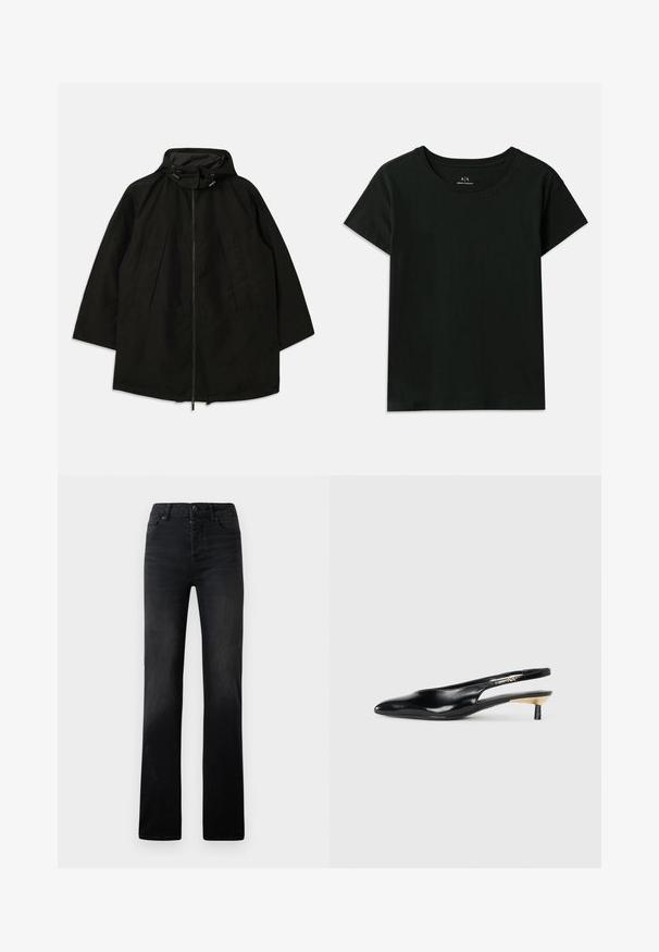Črna lahka jakna z zadrgo, kapuco s vrvicami in širokim, ohlapnim krojem. Ima gubano sprednje detajliranje in gladko teksturo.; Črna kratka majica s kratkimi rokavi, narejena iz bombaža. Ima okroglo izrez in embosirano besedilo "Armani Exchange" ob rami. Preprost dizajn.; Črne traper hlače ravnega kroja z subtilnim zbledeljem, petimi žepi in gumbom za zapiranje. Gladka tekstura s minimalnimi podrobnostmi šivanja.; Črne slingback pumpe z ozkim nosom, sijočim usnjem in majhno peto z zlatim akcentom. Elegantna zasnova z odprtim zadnjim delom.