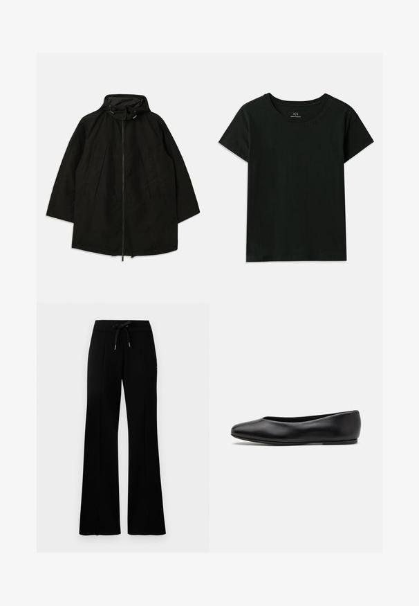 Black lightweight jacket with a zip closure, hood with drawstrings, and wide, loose fit. Features pleated front detailing and a smooth texture.; Black short-sleeve T-shirt made of cotton. Features a crew neck and embossed "Armani Exchange" text along the shoulder. Simple design.; Black wide-leg sweatpants with a drawstring waistband, side slit accents, soft fabric, and a sleek design.; Paul Smith TOPANGA - Ballet pumps - black