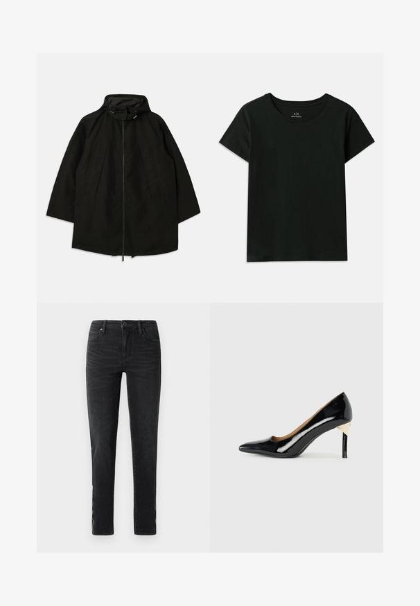 Svart lett jakke med glidelås, hette med snorer og bred, løs passform. Har plisseert frontdetaljering og en glatt tekstur.; Svart kortermet T-skjorte laget av bomull. Har rund hals og preget "Armani Exchange"-tekst langs skulderen. Enkel design.; Sorte slim-fit jeans med frontknap, bæltestropper og subtile falmende detaljer langs siderne og frontlår.; Sorte lakksko med høye hæler, spiss tå og utskjæringsdesign; har en elegant gullakzent på hælen. Enkel og elegant.