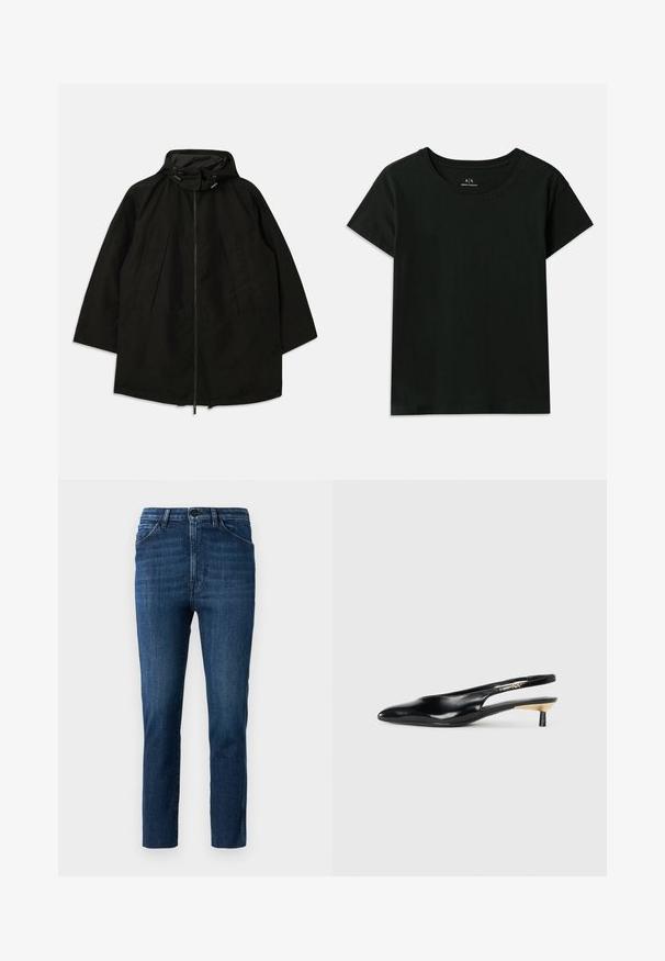 Černá lehká bunda s rozepínáním na zip, kapucí se stahovacími šňůrkami a širokým, volným střihem. Zahrnuje skládání v přední části a hladký povrch.; Černé tričko s krátkým rukávem vyrobené z bavlny. Má kulatý výstřih a vyražený text "Armani Exchange" podél ramene. Jednoduchý design.; Modré slim-fit džíny s klasickým pětipocket designem a zapínáním na knoflík, se slabým vyblednutím a čistým rovně střiženým nohavicím.; Černé slingback lodičky s špičatou špičkou, lesklým koženým povrchem a malým podpatkem se zlatým akcentem. Elegantní design s otevřenou zadní částí.