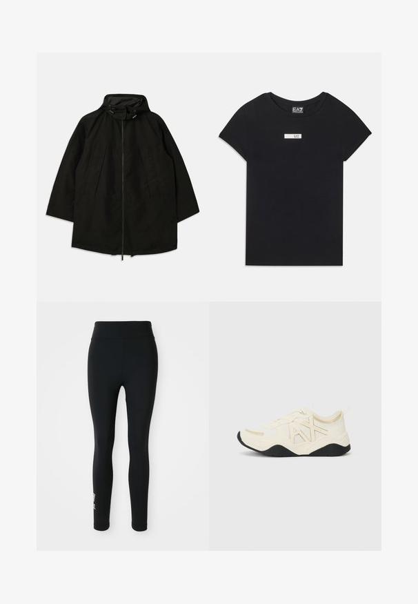 Svart lättviktsjacka med dragkedja, huva med dragsko och bred, lös passform. Har plisserad frontdetalj och en mjuk textur.; Svart t-shirt med kort ärm i bomull, med en vit rektangulär logotyp i patchform som har texten "EA7" på bröstet.; Svarta leggings i stretchigt material, med hög midja och en liten tryckt logotyp på ett ben. Slät textur, kroppsnära design.; Vit sneaker med en texturerad ovandel, guldfinish och logotypdesign. Har svart sula och snörningsstängning för en säker passform.