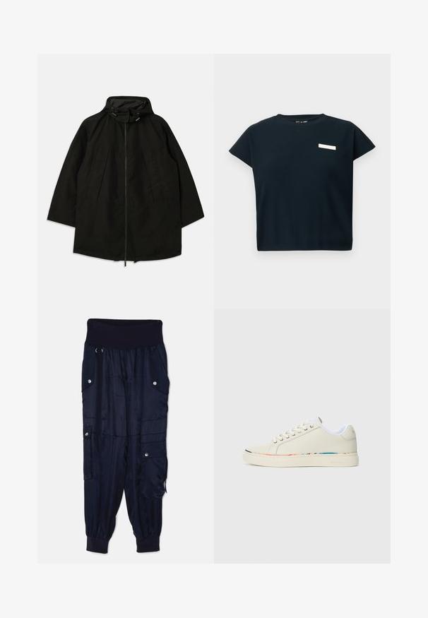 Črna lahka jakna z zadrgo, kapuco s vrvicami in širokim, ohlapnim krojem. Ima gubano sprednje detajliranje in gladko teksturo.; Črna rebrasta majica s kratkimi rokavi in okroglo ovratnikom, ki ima na prsih majhno belo oznako, izdelana iz mehkega bombažnemu podobnega materiala.; Cinq à Sept HARMONY PANT - Hlačami s stranskimi žepi - navy; Off-white nizki športni copat z vezalnim dizajnom, belim notranjim oblogo in subtilnim večbarvnim obrobjem ob robu podplata, stranski pogled.