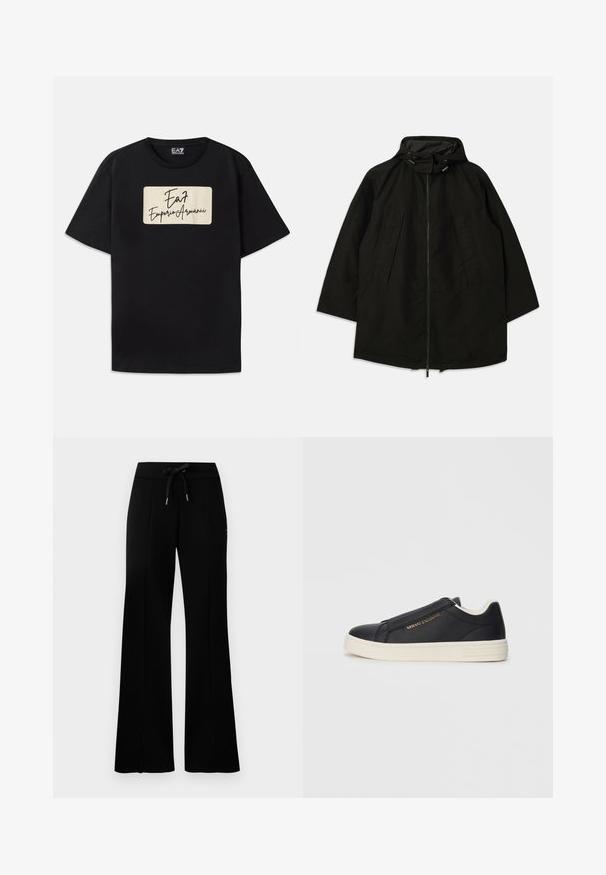 Svart lett jakke med glidelås, hette med snorer og bred, løs passform. Har plisseert frontdetaljering og en glatt tekstur.; Svart bomull T-skjorte med et rektangulært merke logo i kremfarget med håndskrevet stil. Korte ermer og standard passform.; Svart vid bukse med snøring i midjen, sidelommer, myk stoff og et elegant design.; Sorte lær slip-on sneakers med hvit såle, gull "Armani Exchange"-logo på siden, og minimalistisk sømdetalj.