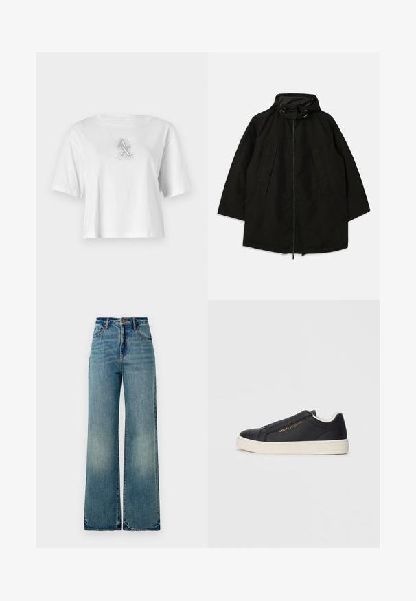 Black lightweight jacket with a zip closure, hood with drawstrings, and wide, loose fit. Features pleated front detailing and a smooth texture.; White cotton t-shirt with a loose fit, short sleeves, round neck, and a graphic design featuring "AX" in silver with a dotted pattern.; Light blue denim wide-leg jeans feature a high waist, five pockets, and slightly frayed hems, showcasing a textured, faded finish.; Black leather slip-on sneaker with white sole, gold "Armani Exchange" logo on side, and minimalist stitching detail.