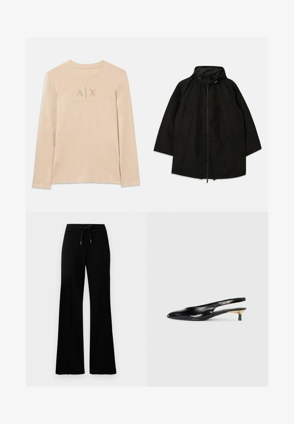 Juoda lengva striukė su užtrauktuku, kapišonu su raišteliais ir plačiu, laisvu kirpimu. Su raukšlėta priekiu ir lygia tekstūra.; Ilgaakė, šviesiai smėlinė marškinėliai, pagaminti iš lygios medžiagos, su A|X logotipu, papuoštu skaidriais cirkonių akmenimis, ir apvaliu apykaklės dizainu.; Juodi platūs sportiniai kelnių su raišteliu liemeniu, šoninėmis įpjovomis, minkšta medžiaga ir elegantiškas dizainas.; Juodos slingback aukštakulniai su pailgu pirštu, blizgi odinė apdaila ir mažas kulnas su auksiniu akcentu. Išmanus dizainas su atviru nugara.