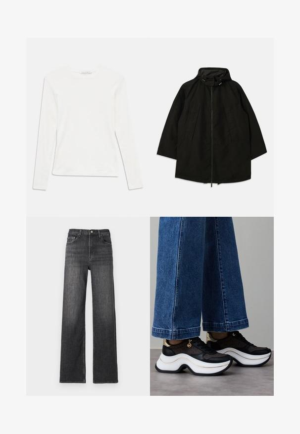 Must must jacket, mille pehmendava lahtine, kapuutsiga ja nööridega. Omab volditud esiosa ja sujuvat tekstuuri.; Valge pika varrukaga ümar kaelusega t-särk, millel on kaela juures väike "Tiger of Sweden" silt, ühtlasel taustal.; Laiad tumedat hallid teksad nupuvääriga ja viie tasku kujundusega. Omab peent tekstuuri ja klassikalist sirget lõiget.; Mustad ja kuldsed tossud kumerate valgete talladega. Tekstuurse kangaga, millel on logo aktsendid. Sobitatud laia siniste teksapükstega.