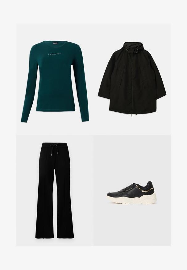 Svart lett jakke med glidelås, hette med snorer og bred, løs passform. Har plisseert frontdetaljering og en glatt tekstur.; Mørkegrønn langermet skjorte med rund hals og hvit "EA7 Emporio Armani" logo sentrert på brystet mot en hvit bakgrunn.; Svart vid bukse med snøring i midjen, sidelommer, myk stoff og et elegant design.; Svarte lærersneakers med en kraftig kremfarget såle, gullfarget kjedeaccent og svarte snøring. Glatt tekstur med preget merkevare på siden.