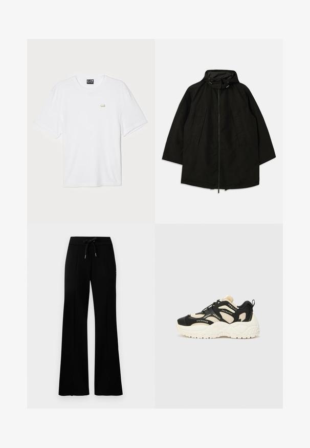 Must must jacket, mille pehmendava lahtine, kapuutsiga ja nööridega. Omab volditud esiosa ja sujuvat tekstuuri.; Valge puuvillane t-särk lühikeste varrukatega, ümmarguse kaelusega, millel vasakul rinnal on väike kuldne EA7 logo.; Musthave laiad mustan värvi dressipüksid, millel on reguleeritav vöökoht, külgedel lõhikud, pehme kangas ja elegantne disain.; Mustmust mustad ja koorevärvi sneakerid, millel on tekstureeritud tald, võrgupaneelid ja bränditekst. Ümar nina ja paeltega disain. Reguleeritav kand.