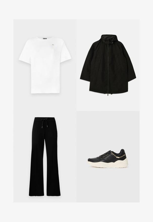 Svart lett jakke med glidelås, hette med snorer og bred, løs passform. Har plisseert frontdetaljering og en glatt tekstur.; Hvit bomulls-T-skjorte med korte ermer, rund hals og en liten gullfarget logo på venstre bryst. Jevn tekstur, avslappet passform.; Svart vid bukse med snøring i midjen, sidelommer, myk stoff og et elegant design.; Svarte lærersneakers med en kraftig kremfarget såle, gullfarget kjedeaccent og svarte snøring. Glatt tekstur med preget merkevare på siden.