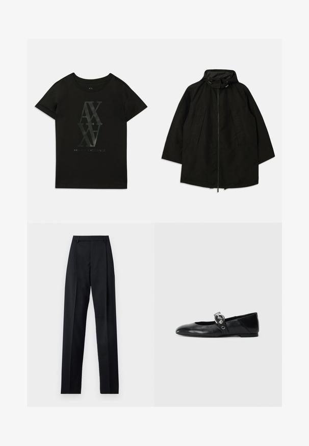 Black lightweight jacket with a zip closure, hood with drawstrings, and wide, loose fit. Features pleated front detailing and a smooth texture.; Black cotton t-shirt with short sleeves. Features a large glossy print of "AX" and "Armani Exchange" in contrasting colors at the center.; Black trousers made from smooth fabric featuring a high waist, wide legs, front pleats, and classic belt loops. No side pockets visible.; Black leather ballet flats with a pointed toe, featuring a strap with a circular metallic buckle and a flat sole.
