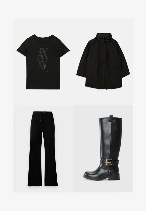 Melnā vieglā jakā ar rāvējslēdzēju, kapuci ar pievilkšanas auklām un plašu, brīvu piegriezumu. Iezīmes - izšūti priekša detaļas un gluda tekstūra.; Melnas kokvilnas T-krekls ar īsām piedurknēm. Centrā ir liels spīdīgs prints ar "AX" un "Armani Exchange" kontrastējošās krāsās.; Melnas platās svārku bikses ar sašūtu jostu, sānu iegriezumiem, mīkstu audumu un glītu dizainu.; Melnas ādas ceļgala augstuma zābaki ar zemu bloku papēdi, ar dekoratīvu zelta sprādzi ap potīti un cilpu augšpusē.