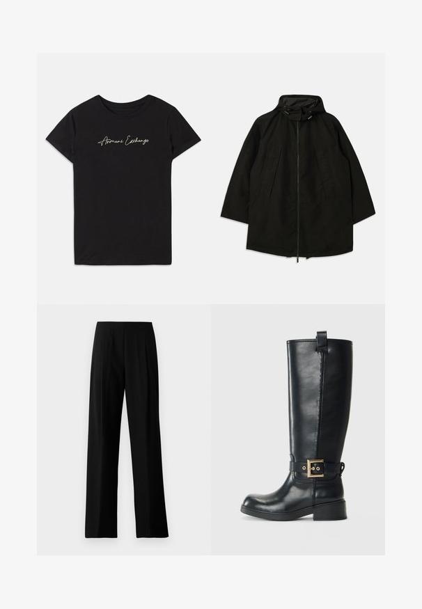 Svart lett jakke med glidelås, hette med snorer og bred, løs passform. Har plisseert frontdetaljering og en glatt tekstur.; Svart bomull t-skjorte med korte ermer og rund hals, prydet med en kursiv "Armani Exchange"-logo i hvitt.; Sorte vide benbukser laget av glatt stoff, med flatt liv og frontplisseringer for et skreddersydd utseende. Ingen synlig maskinvare eller mønstre.; Sorte knelange læderstøvler med en lav blokhæl, dekorativ guldfarvet spænde om anklen og en løkke øverst.