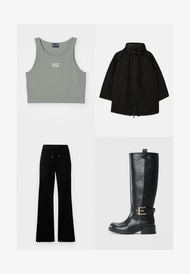 Črna lahka jakna z zadrgo, kapuco s vrvicami in širokim, ohlapnim krojem. Ima gubano sprednje detajliranje in gladko teksturo.; Brezrokavni skrajšan top v svetlo sivi barvi, izdelan iz mehkega materiala. Ima okroglo izrezano vratno linijo in majhen bel logotip spredaj.; Črne široke trenirke z elastičnim pasom na vrvico, stranskimi razporki, mehkega materiala in elegantnim dizajnom.; Črne usnjene škornje do kolen z nizko blokasto peto, okrasnim zlatim paščkom okoli gležnja in z zanko za pomoč pri obuvanju na vrhu.