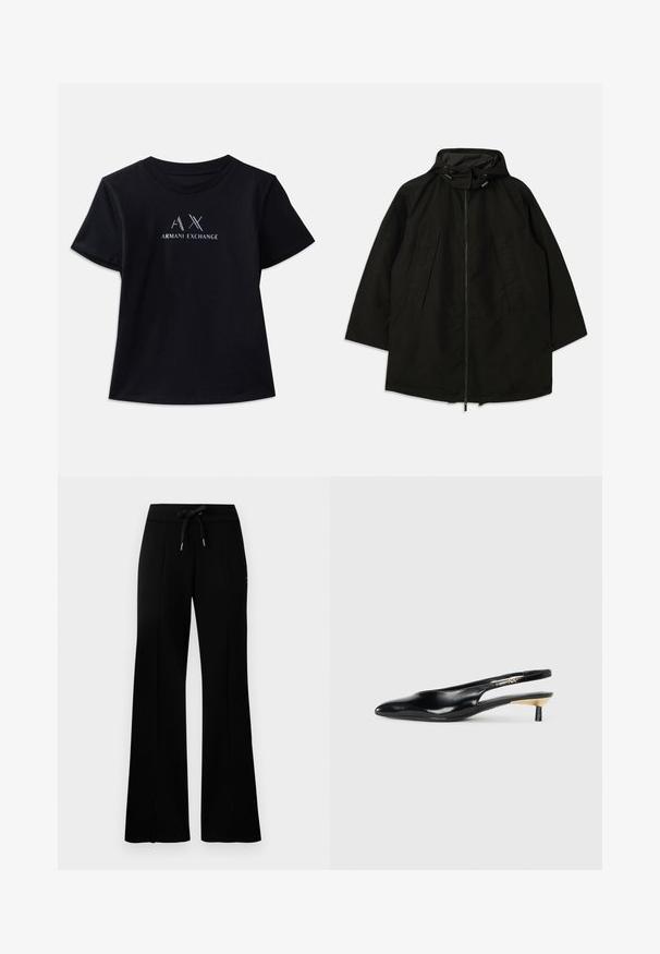 Chaqueta ligera negra con cierre de cremallera, capucha con cordones y un ajuste amplio y suelto. Cuenta con detalle en la parte delantera con pliegues y una textura suave.; Camiseta de manga corta negra con cuello redondo. Presenta el logo "AX" y el texto "ARMANI EXCHANGE" en acentos blancos y metálicos en contraste. Tejido suave.; Pantalones de chándal anchos y negros con cintura elástica y cordón, acentos de abertura lateral, tela suave y un diseño elegante.; Zapato de tacón tipo slingback negro con punta afilada, acabado en cuero brillante y un pequeño tacón con un acento dorado. Diseño elegante con parte trasera abierta.