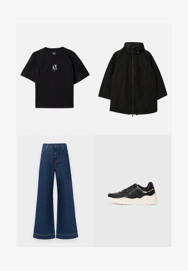 Svart lett jakke med glidelås, hette med snorer og bred, løs passform. Har plisseert frontdetaljering og en glatt tekstur.; Svart bomull T-skjorte med korte ermer og rund hals. Har en hvit logo sentrert på brystet. Enkel, minimalistisk design.; Bredde ben blå denim bukser med høy midje, med en knappeåpning, beltehemper og subtile sømdetaljer langs lommer og sømmer.; Svarte lærersneakers med en kraftig kremfarget såle, gullfarget kjedeaccent og svarte snøring. Glatt tekstur med preget merkevare på siden.
