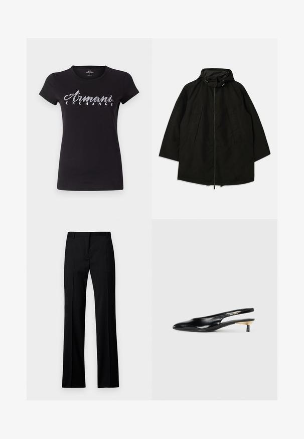 Černá lehká bunda s rozepínáním na zip, kapucí se stahovacími šňůrkami a širokým, volným střihem. Zahrnuje skládání v přední části a hladký povrch.; Černé tričko s krátkým rukávem vyrobené z bavlny, se stříbrnými kamínky na logu "Armani Exchange" napříč hrudníkem. Hladká textura, klasický střih.; Černé kalhoty rovného střihu z hladkého materiálu, s plochým předním dílem, poutek na opasek a bez viditelných kapes nebo ozdob.; Černé slingback lodičky s špičatou špičkou, lesklým koženým povrchem a malým podpatkem se zlatým akcentem. Elegantní design s otevřenou zadní částí.