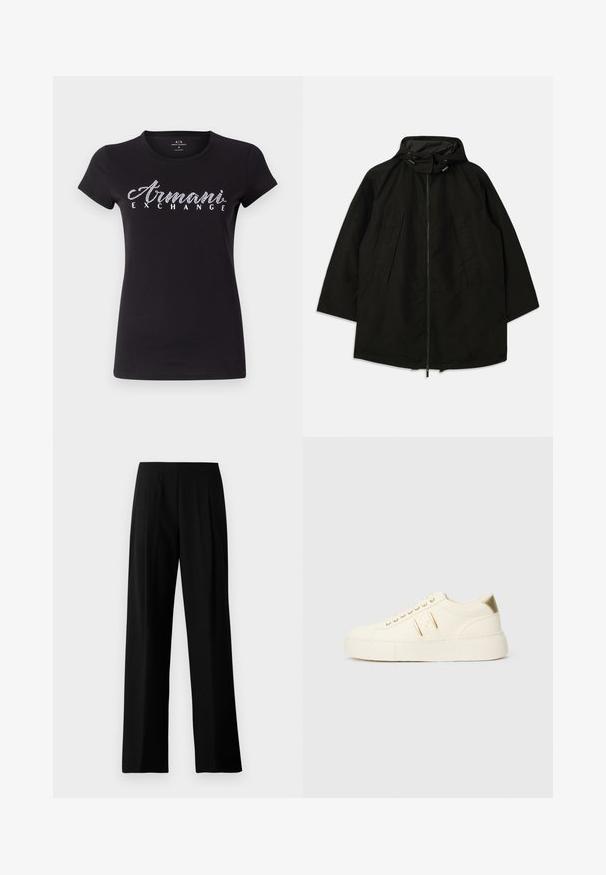 Casaco leve preto com fecho de zipper, capuz com cordões e corte largo e solto. Apresenta detalhes frontais pregueados e uma textura suave.; T-shirt preto de manga curta feito de algodão, com um logótipo em strass branco "Armani Exchange" no peito. Textura suave, corte clássico.; Calças largas pretas feitas de um tecido suave, com uma cintura plana e pregas frontais para um aspeto elegante. Sem hardware visível ou padrões.; Sapatilhas de cano baixo em tom creme com detalhes dourados, atacadores e a marca em relevo "Armani Exchange" na sola e na etiqueta lateral.