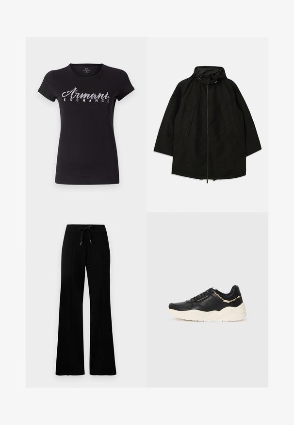 Čierna ľahká bunda so zipsom, kapucňou so sťahovacími šnúrkami a širokým, voľným strihom. Obsahuje pletené predné detaily a hladkú textúru.; Čierne tričko s krátkym rukávom vyrobené z bavlny, s bielym logom z kryštálov "Armani Exchange" cez hruď. Hladká textúra, klasický strih.; Čierne široké tepláky s elastickým pásom a šnúrkou, bočnými rozparkami, mäkkou látkou a štýlovým dizajnom.; Čierne kožené tenisky s chunky krémovou podrážkou, zlatým reťazovým detailom a čiernymi šnúrkami. Hladký povrch s embosovaným logom na boku.