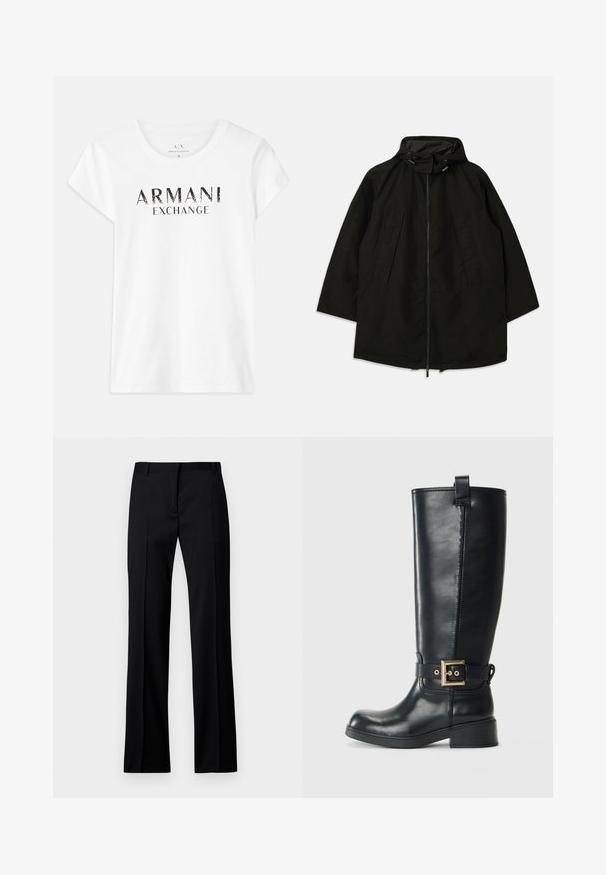 Must must jacket, mille pehmendava lahtine, kapuutsiga ja nööridega. Omab volditud esiosa ja sujuvat tekstuuri.; Valge puuvillane t-särk lühikeste varrukatega, millel on ees musta värvi trükitud logo "ARMANI EXCHANGE". Klassikaline ümar kaelus.; Mustad sirgedestikuga püksid sileda materjaliga, millel on lame eesmine osa, vöörihmade aasad ning nähtamatud taskud või dekoratiivsed elemendid.; Mustad muste nahast saapad, mis ulatuvad põlvedeni, madala plokk-kandaga, kaunistatud kullavärvi pihustiga ümbritsetud ja ülevalt tõmmitsaga.