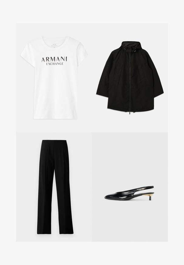 Musta kevyt takki, jossa on vetoketjukiinna, huppu kiristysnyöreillä ja leveä, löysä mitoitus. Takissa on pleatattu etuosa ja sileä pinta.; Valkoinen puuvillapaita lyhyillä hihoilla, jossa on musta painettu logo "ARMANI EXCHANGE" etupuolella. Perinteinen pyöreä kaula-aukko.; Mustat leveälahkeiset housut, jotka on valmistettu sileästä kankaasta. Niissä on litteä vyötärö ja etupuolella raskaita laskoksia, jotka antavat räätälöidyn ilmeen. Ei näkyvää metalliosaa tai kuvioita.; Mustikka slingback-kengät, joissa on terävä kärki, kiiltävä nahkapinta ja pieni korko, jossa on kultainen yksityiskohta. Tyylikäs muotoilu avoimella takana.