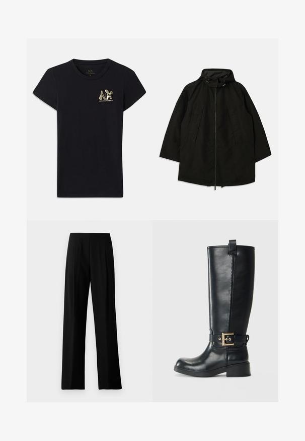 Musta kevyt takki, jossa on vetoketjukiinna, huppu kiristysnyöreillä ja leveä, löysä mitoitus. Takissa on pleatattu etuosa ja sileä pinta.; Mustapaitainen t-paita lyhyillä hihoilla, jossa on kultainen "A|X" -logo ja "ARMANI EXCHANGE" vasemmassa rinnassa. Vakio pyöreä kaula-aukko.; Mustat leveälahkeiset housut, jotka on valmistettu sileästä kankaasta. Niissä on litteä vyötärö ja etupuolella raskaita laskoksia, jotka antavat räätälöidyn ilmeen. Ei näkyvää metalliosaa tai kuvioita.; Musta nilkkapituiset nahkasaappaat, joissa on matala lohkopohja, koristeellinen kultainen solki nilkan ympärillä ja kahva ylhäällä.