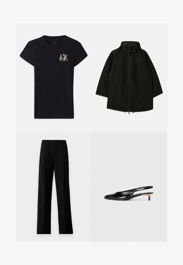 Črna lahka jakna z zadrgo, kapuco s vrvicami in širokim, ohlapnim krojem. Ima gubano sprednje detajliranje in gladko teksturo.; Črna bombažna T-maica s kratkimi rokavi, ki na levem prsnem delu vsebuje zlat logo "A|X" in "ARMANI EXCHANGE". Standardna oblika s kratkim vratom.; Črne široke hlače iz gladkega materiala, ki imajo ploski pas in sprednje pregibe za elegantni videz. Brez vidne strojne opreme ali vzorcev.; Črne slingback pumpe z ozkim nosom, sijočim usnjem in majhno peto z zlatim akcentom. Elegantna zasnova z odprtim zadnjim delom.
