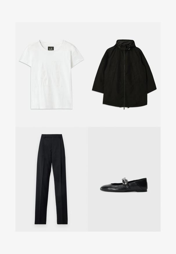 Black lightweight jacket with a zip closure, hood with drawstrings, and wide, loose fit. Features pleated front detailing and a smooth texture.; White cotton t-shirt with short sleeves, featuring a raised logo "AX" on the front and "ARMANI EXCHANGE" text below in a subtle design.; Black trousers made from smooth fabric featuring a high waist, wide legs, front pleats, and classic belt loops. No side pockets visible.; Black leather ballet flats with a pointed toe, featuring a strap with a circular metallic buckle and a flat sole.