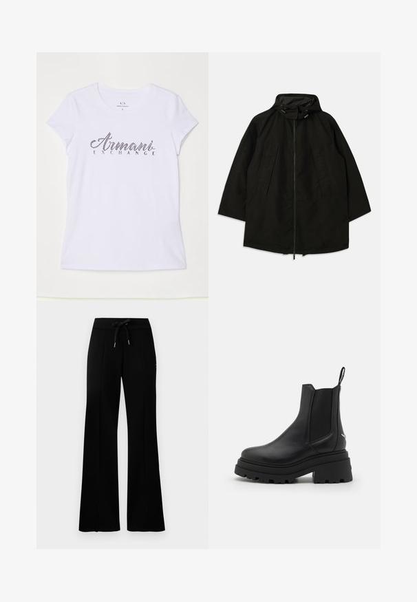 Schwarze leichte Jacke mit Reißverschluss, Kapuze mit Kordelzügen und weitem, lockeren Schnitt. Verfügt über gefaltete Vorderdetails und eine glatte Textur.; Weißes T-Shirt mit kurzen Ärmeln aus Baumwolle, mit einem schwarzen Strass-Logo, das "Armani Exchange" auf der Vorderseite zeigt.; Schwarze, weit geschnittene Sweatpants mit einem Kordelzugbund, seitlichen Schlitzdetails, weichem Stoff und einem eleganten Design.; Schwarze Chelsea-Stiefel aus glattem Leder mit elastischen seitlichen Einsätzen, einer dicken, geriffelten Gummisohle und einer Schlaufe an der Rückseite.