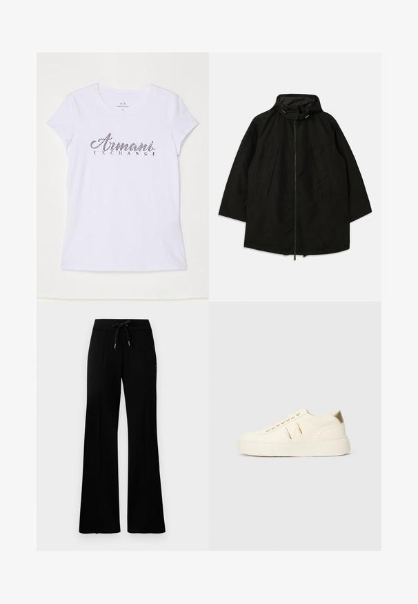 Sort letvægtsjakke med lynlås, hætte med snoretræk og bred, løs pasform. Har plisseret frontdetalje og en glat tekstur.; Hvid kortærmet t-shirt lavet af bomuld, med et sort rhinestone-logo der viser "Armani Exchange" på forsiden.; Sorte brede sweatpants med en yndlingssnor i taljen, sidelommer, blødt stof og et elegant design.; Cremefarvet lavtop sneaker med guld accenter, snørebånd og præget "Armani Exchange" branding på sålen og siden.