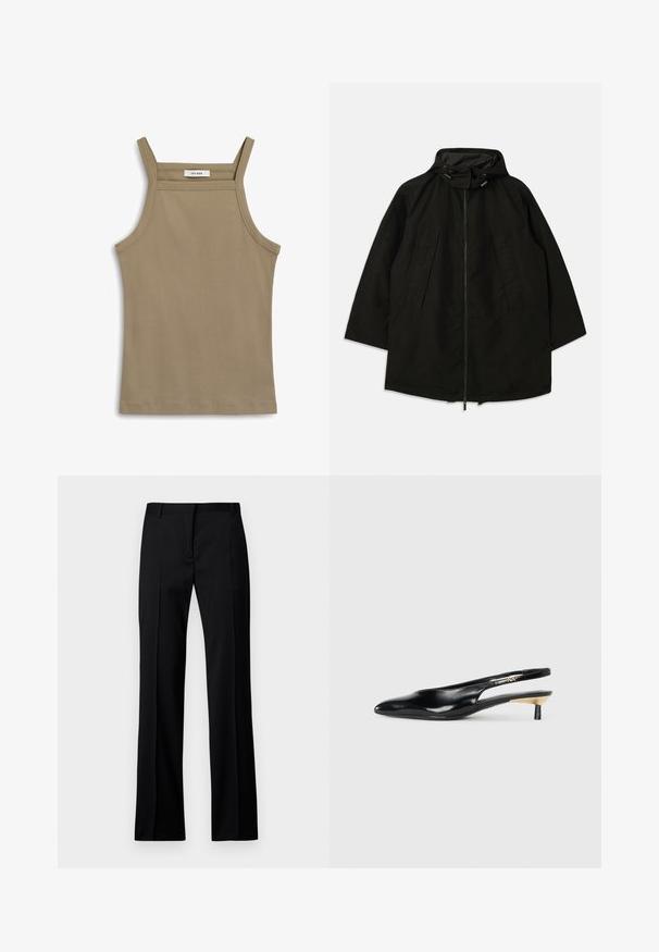 Schwarze leichte Jacke mit Reißverschluss, Kapuze mit Kordelzügen und weitem, lockeren Schnitt. Verfügt über gefaltete Vorderdetails und eine glatte Textur.; Khaki-Trägershirt mit dünnen Schulterträgern, gerippter Textur und geradem Saum. Das Etikett trägt die Aufschrift "IVY OAK" am Kragen.; Schwarze gerade geschnittene Hosen aus glattem Stoff, mit flachem Bund, Gürtelschlaufen und ohne sichtbare Taschen oder Verzierungen.; Schwarze Slingback-Pumps mit spitzem Zehenbereich, glänzendem Lederfinish und kleinem Absatz mit goldenen Akzenten. Elegantes Design mit offenem Rücken.